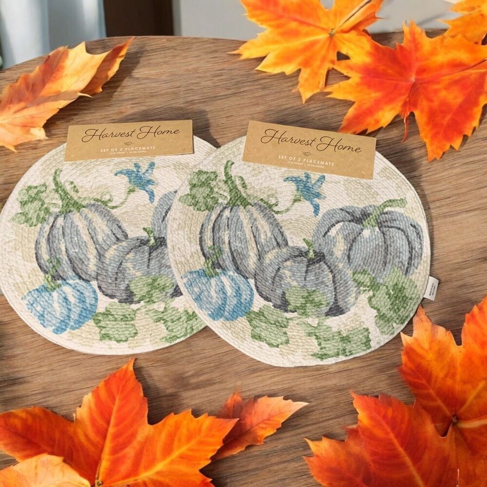Set of 2 Placemats (4 Total) Harvest HOME Fall Leaves PUMPKIN Shaped 15" Charger
